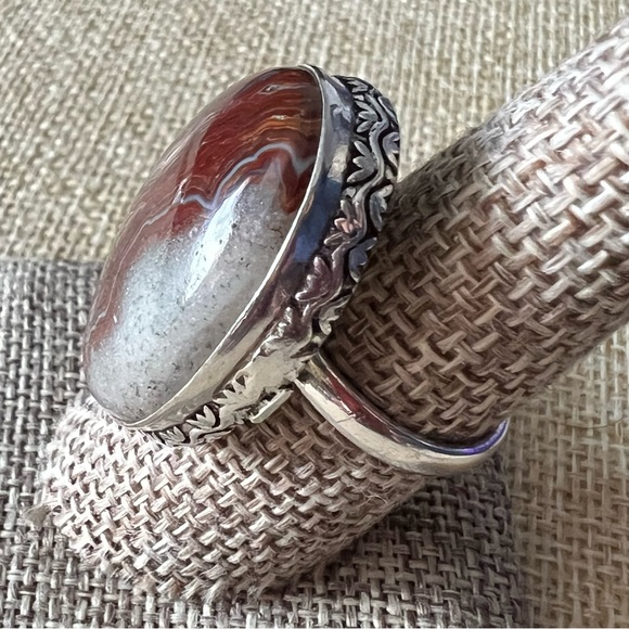 New Laguna Agate Stone Silver Overlay Ring Size 7.5 - Picture 3 of 5